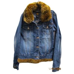 Womens Route 66 Denim Jean Jacket Small Faux Fur Collar Cotton